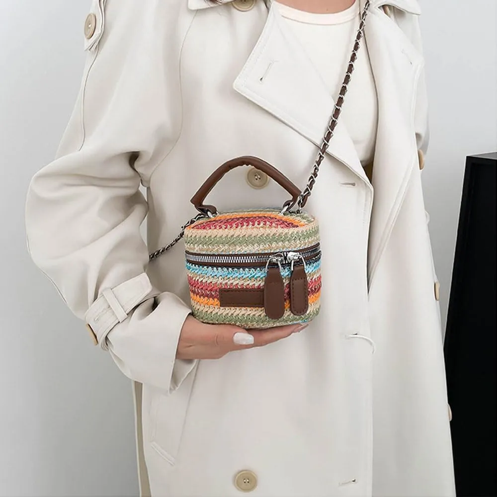 Women's Colorful Straw Crossbody Bag with Chain Strap Stylish Versatile Handbags