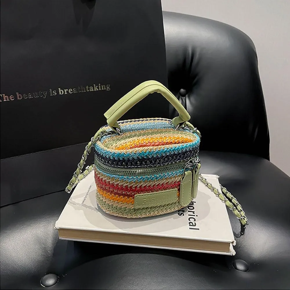 Women's Colorful Straw Crossbody Bag with Chain Strap Stylish Versatile Handbags