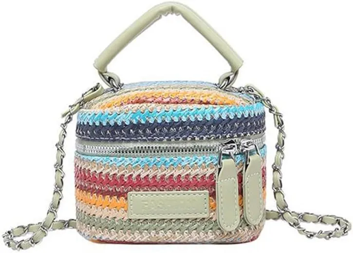Women's Colorful Straw Crossbody Bag with Chain Strap Stylish Versatile Handbags