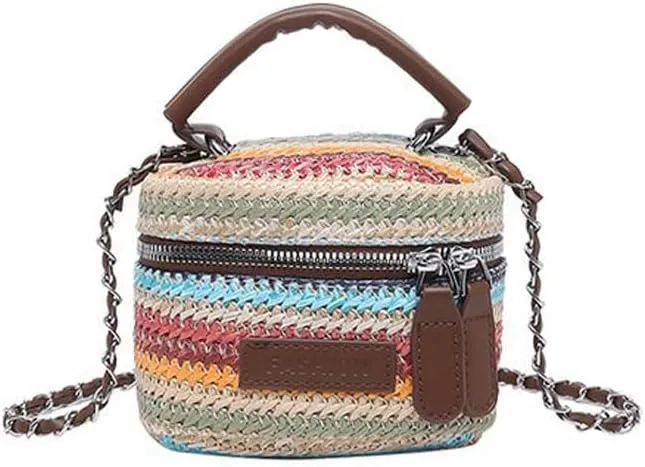 Women's Colorful Straw Crossbody Bag with Chain Strap Stylish Versatile Handbags