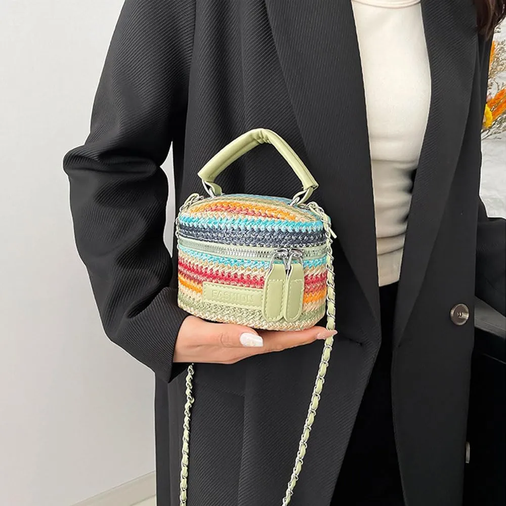 Women's Colorful Straw Crossbody Bag with Chain Strap Stylish Versatile Handbags