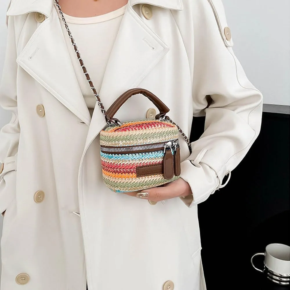 Women's Colorful Straw Crossbody Bag with Chain Strap Stylish Versatile Handbags