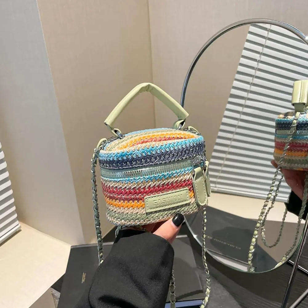 Women's Colorful Straw Crossbody Bag with Chain Strap Stylish Versatile Handbags