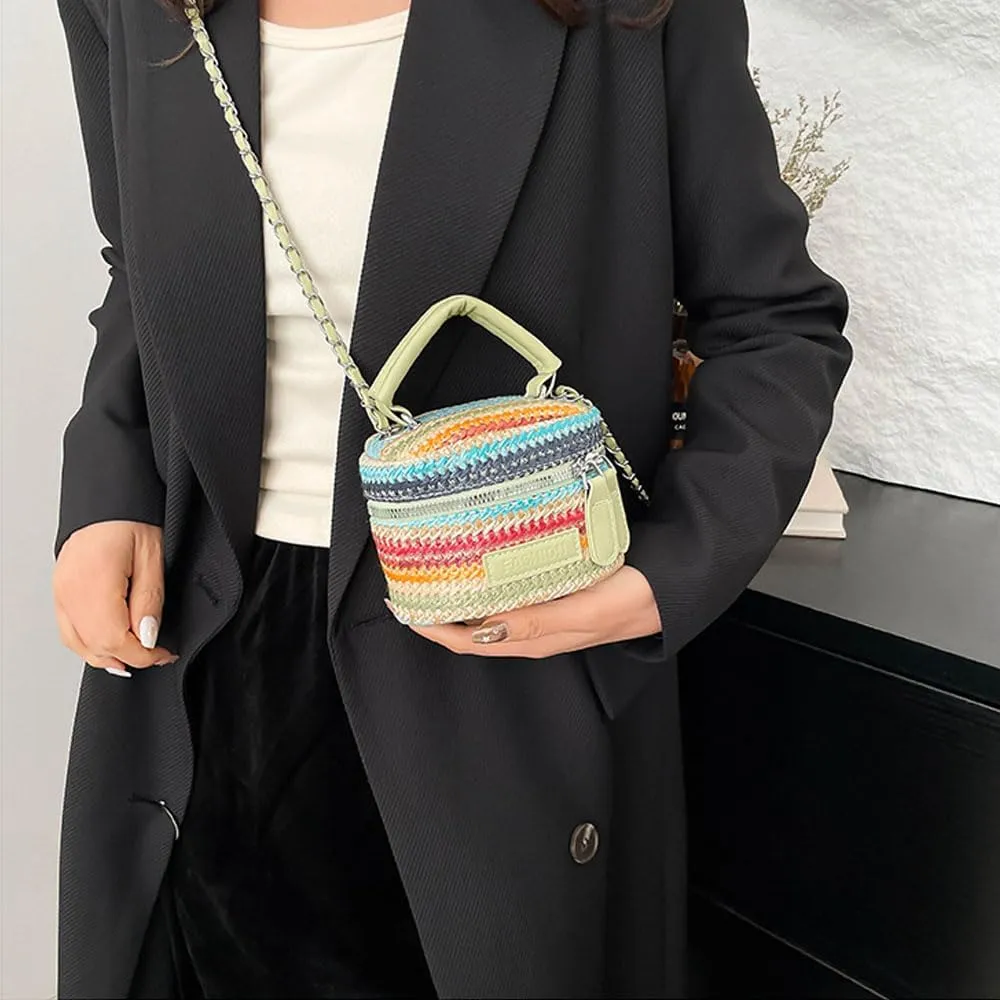 Women's Colorful Straw Crossbody Bag with Chain Strap Stylish Versatile Handbags