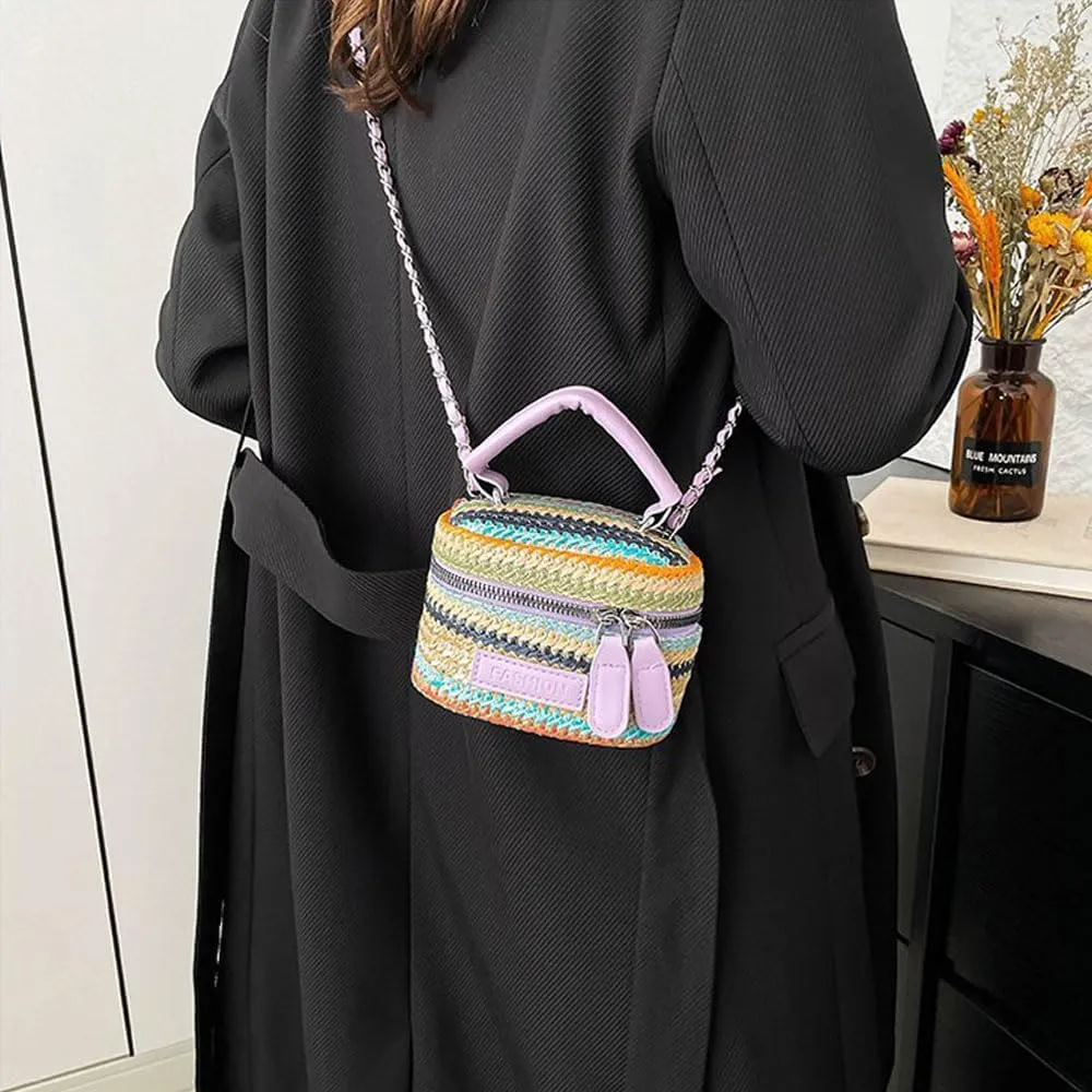 Women's Colorful Straw Crossbody Bag with Chain Strap Stylish Versatile Handbags