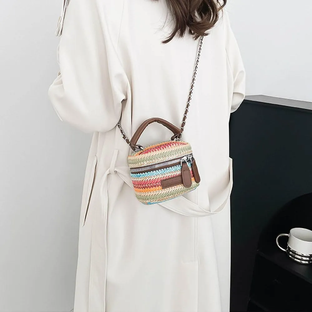 Women's Colorful Straw Crossbody Bag with Chain Strap Stylish Versatile Handbags