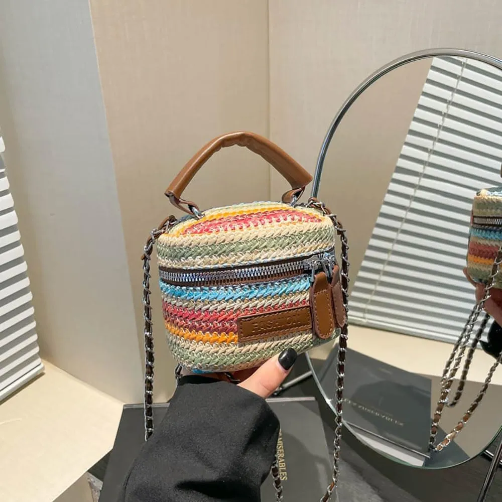 Women's Colorful Straw Crossbody Bag with Chain Strap Stylish Versatile Handbags