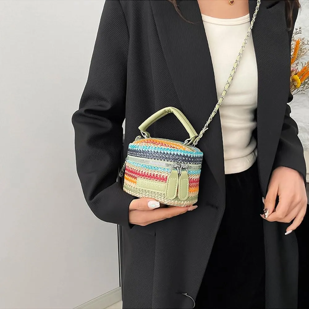 Women's Colorful Straw Crossbody Bag with Chain Strap Stylish Versatile Handbags