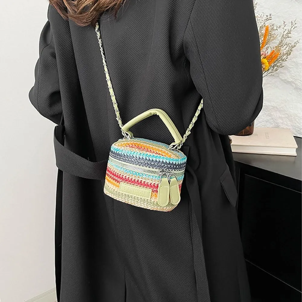 Women's Colorful Straw Crossbody Bag with Chain Strap Stylish Versatile Handbags