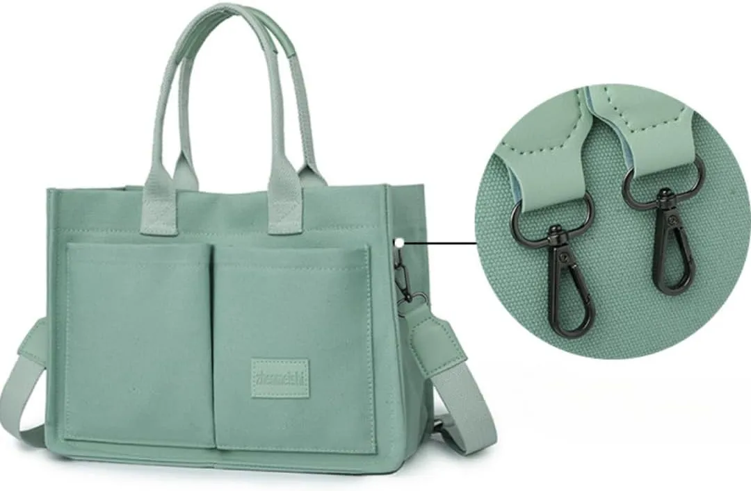 Women's Cute Cherry Tote Bag Multi Pocket Canvas Patched Purse Shoulder Bag Satchel Handbag for Work Travel