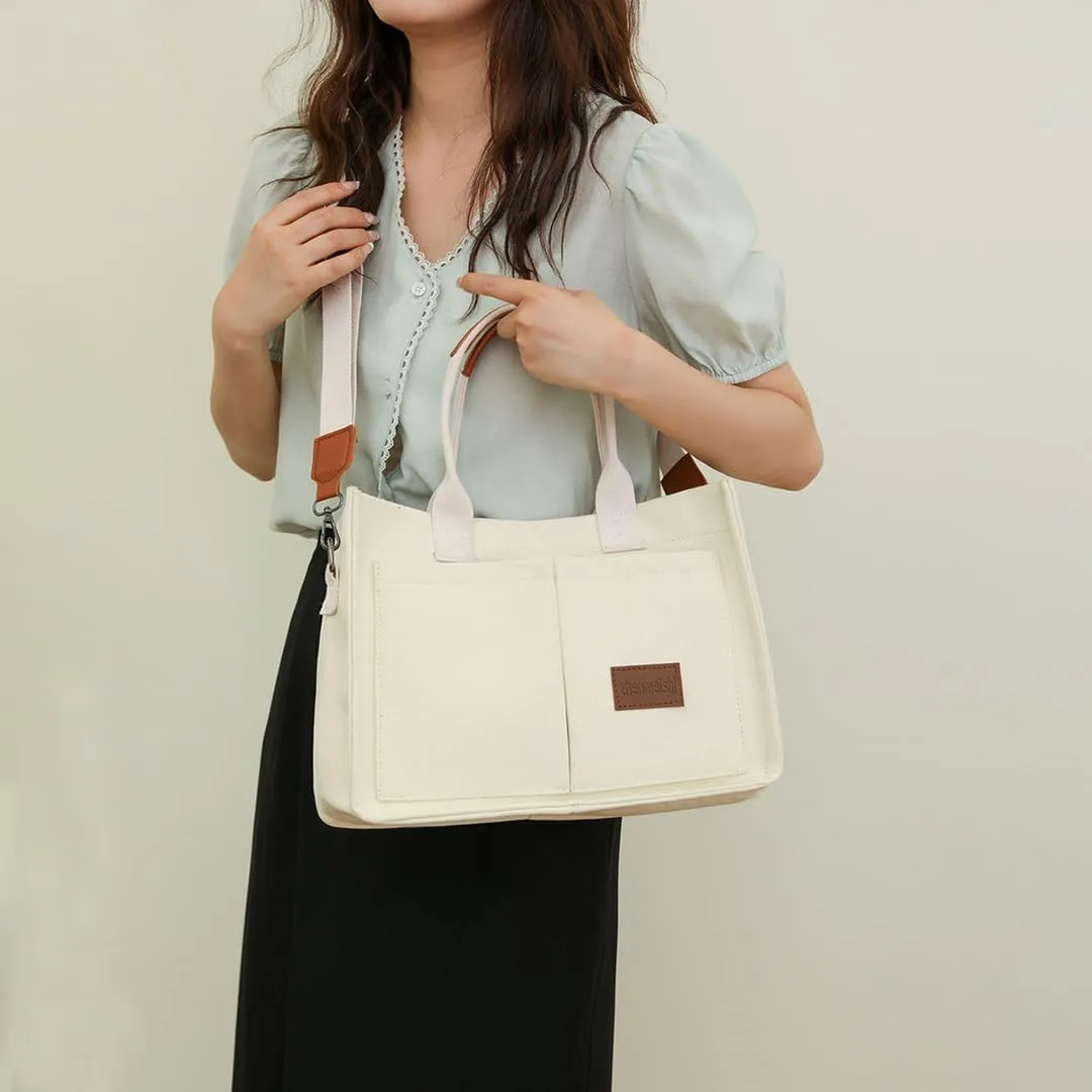 Women's Cute Cherry Tote Bag Multi Pocket Canvas Patched Purse Shoulder Bag Satchel Handbag for Work Travel