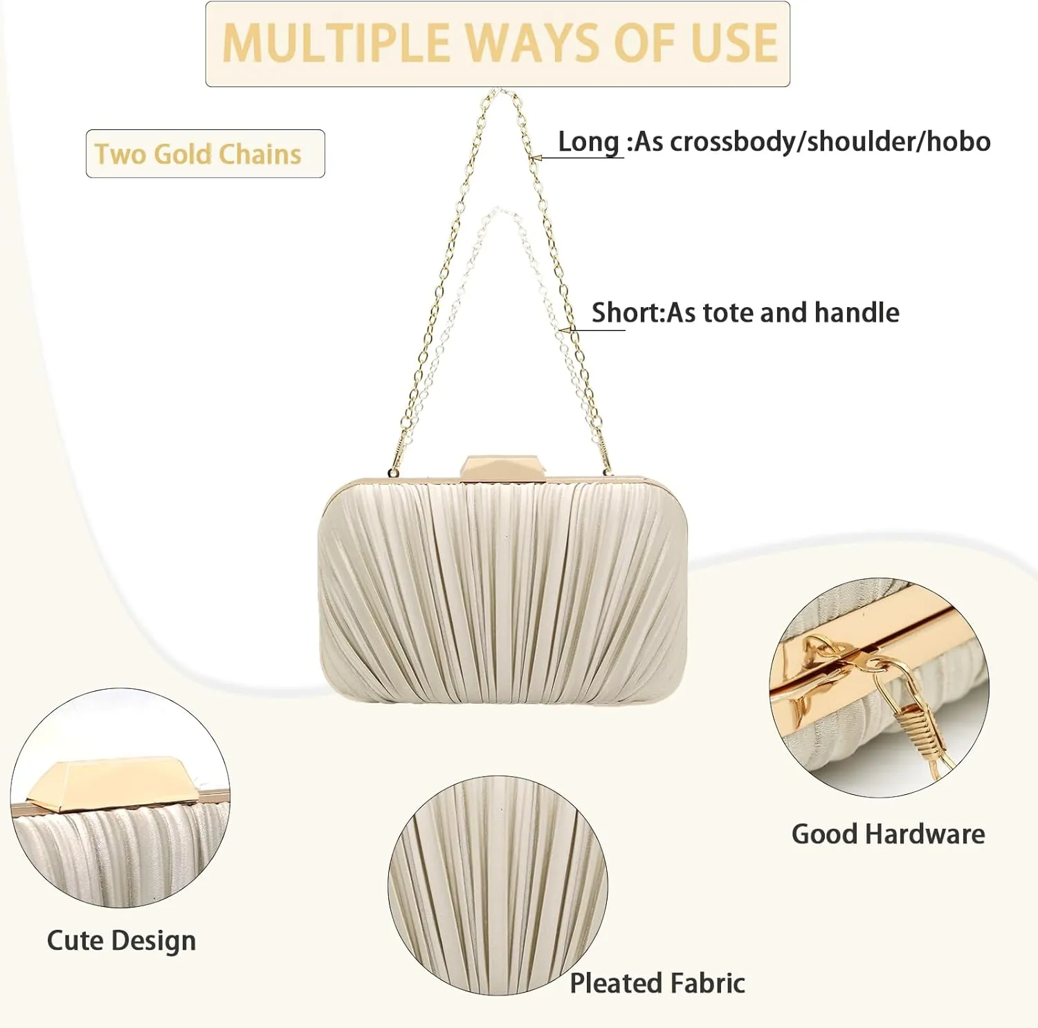 Women's Evening Bag Summer Wedding Party Clutches Pleated Evening Bag for Bridal Shoulder Handbag