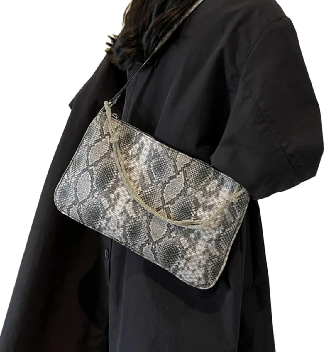 Womens Fashion Snakeskin Evening Handbag Top Handle Clutch Purse Chain Shoulder Cross-body Bag Khaki