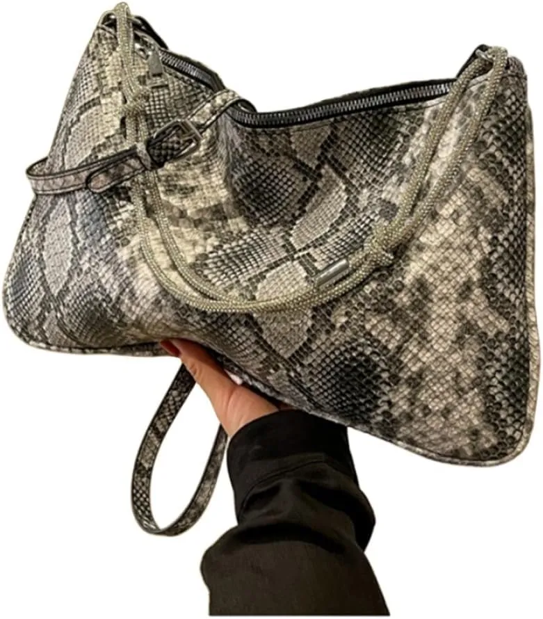 Womens Fashion Snakeskin Evening Handbag Top Handle Clutch Purse Chain Shoulder Cross-body Bag Khaki