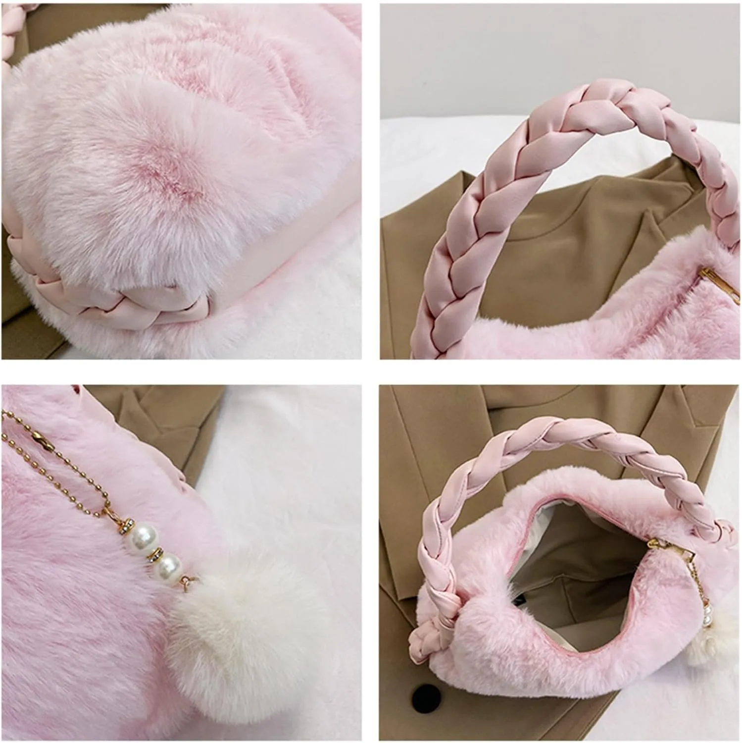Womens Faux Fur Handbag Fashion Fluffy Plush Shoulder Bags Purse Fuzzy Zipper Tote Bag for Autumn and Winter