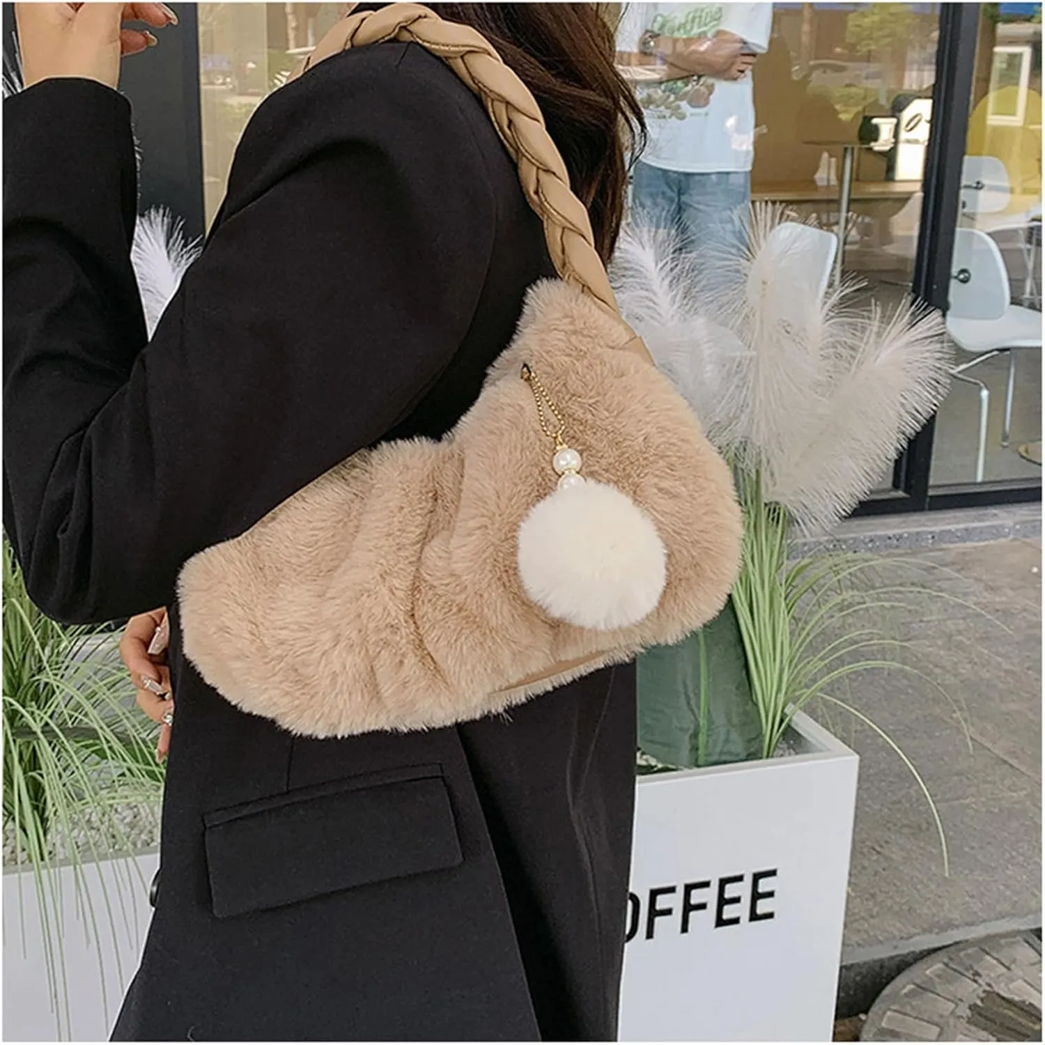 Womens Faux Fur Handbag Fashion Fluffy Plush Shoulder Bags Purse Fuzzy Zipper Tote Bag for Autumn and Winter