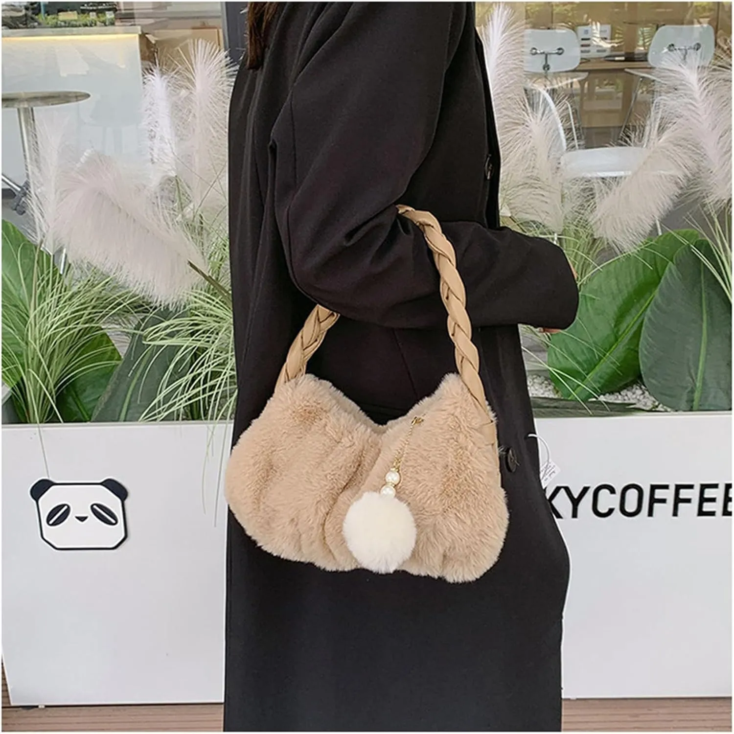Womens Faux Fur Handbag Fashion Fluffy Plush Shoulder Bags Purse Fuzzy Zipper Tote Bag for Autumn and Winter