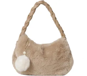 Womens Faux Fur Handbag Fashion Fluffy Plush Shoulder Bags Purse Fuzzy Zipper Tote Bag for Autumn and Winter