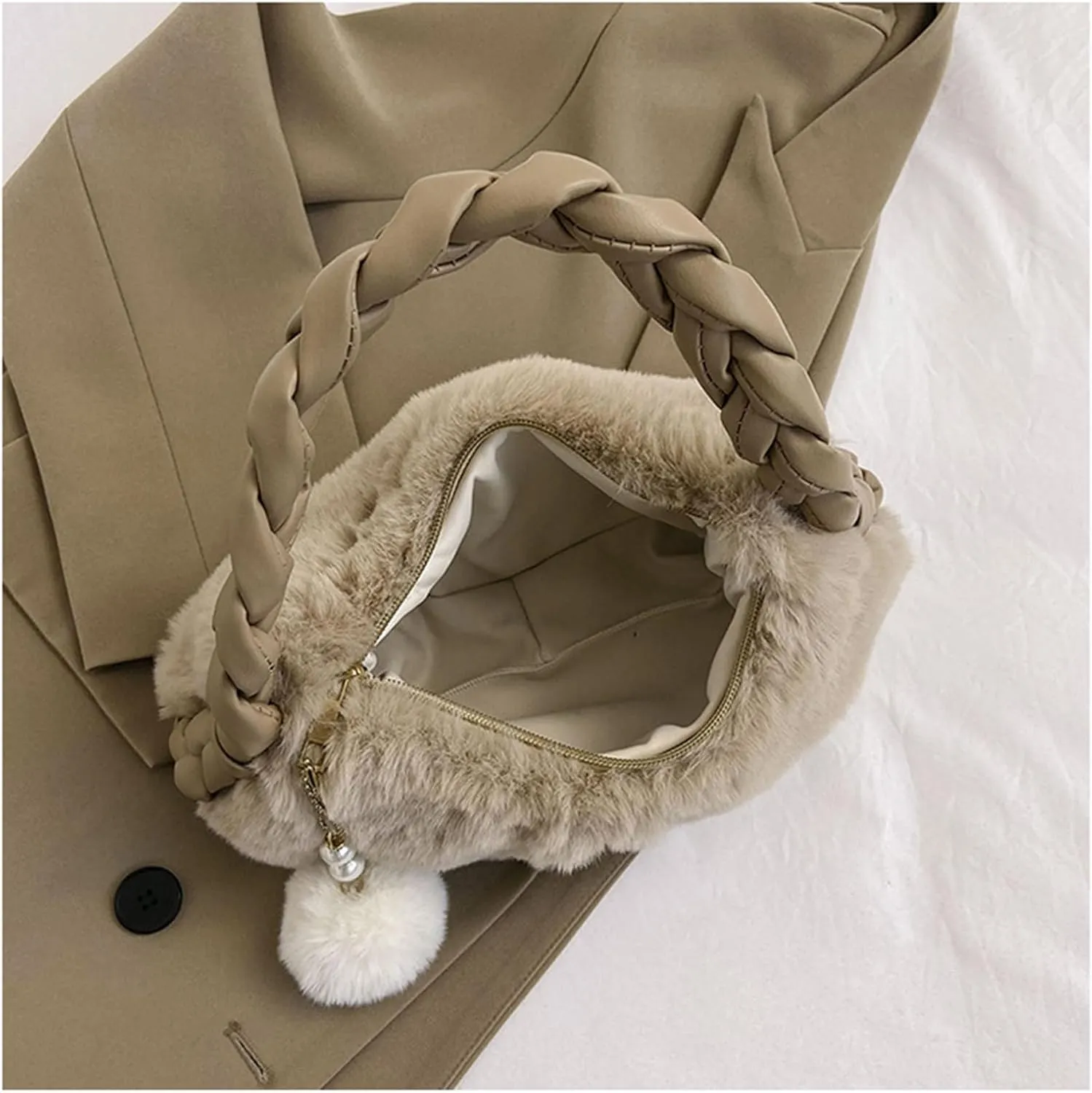 Womens Faux Fur Handbag Fashion Fluffy Plush Shoulder Bags Purse Fuzzy Zipper Tote Bag for Autumn and Winter