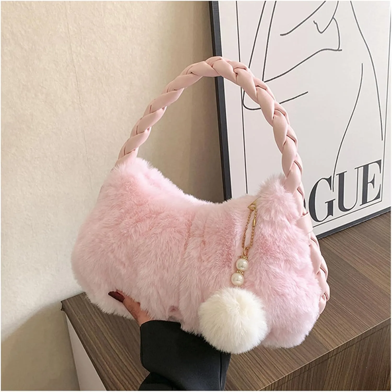 Womens Faux Fur Handbag Fashion Fluffy Plush Shoulder Bags Purse Fuzzy Zipper Tote Bag for Autumn and Winter