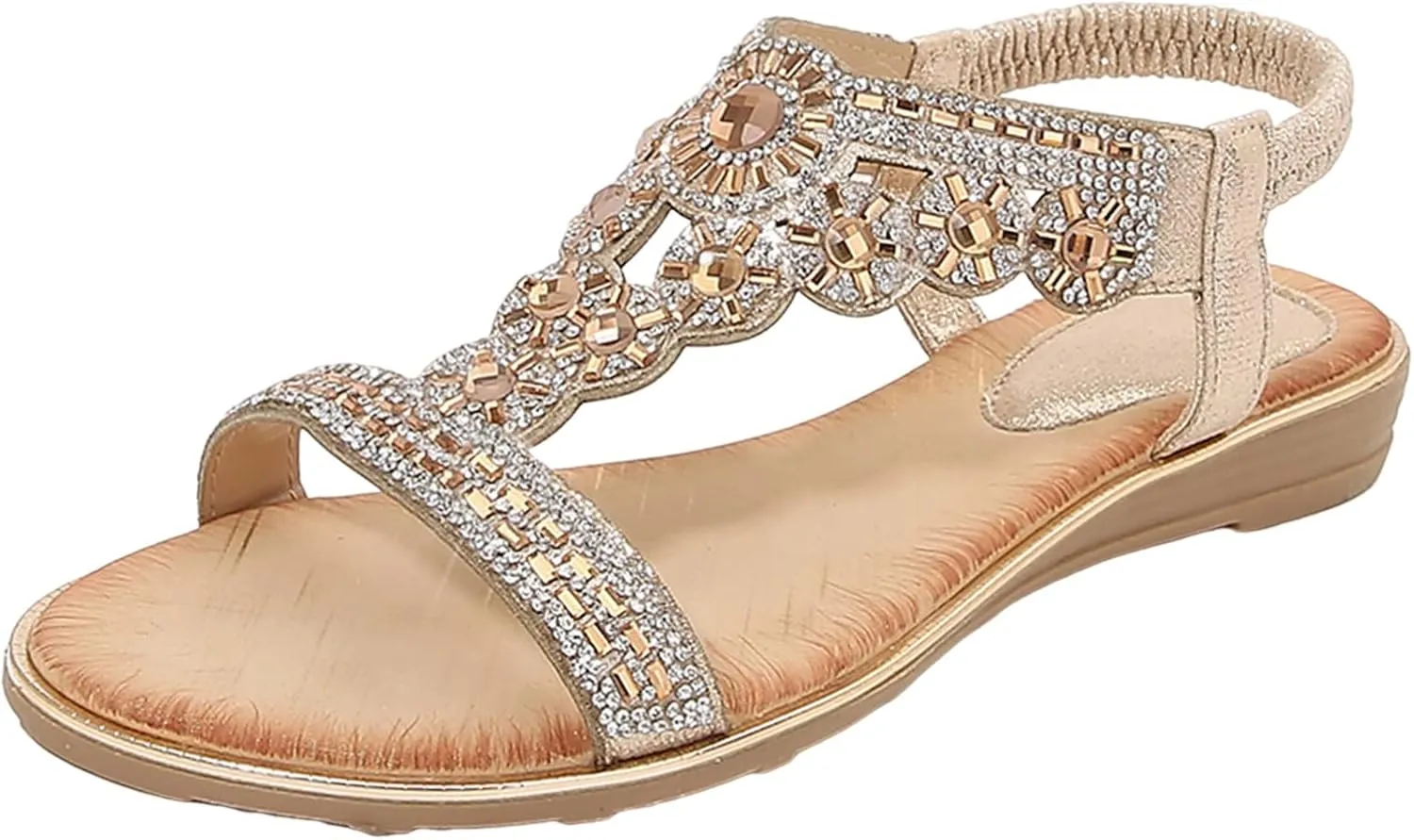 Women's Flat Sandals 2024 Ladies Summer Fashion Rhinestone Bohemian Slope Heel Hollow Solid Colour Soft Flat Bottom Open