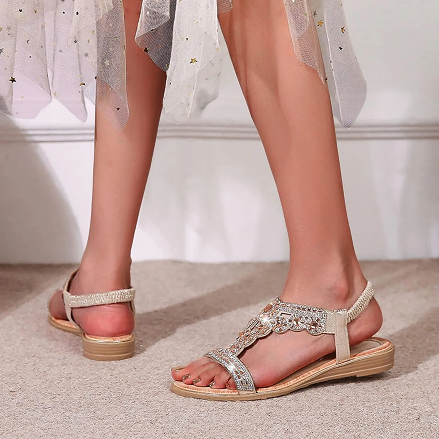 Women's Flat Sandals 2024 Ladies Summer Fashion Rhinestone Bohemian Slope Heel Hollow Solid Colour Soft Flat Bottom Open
