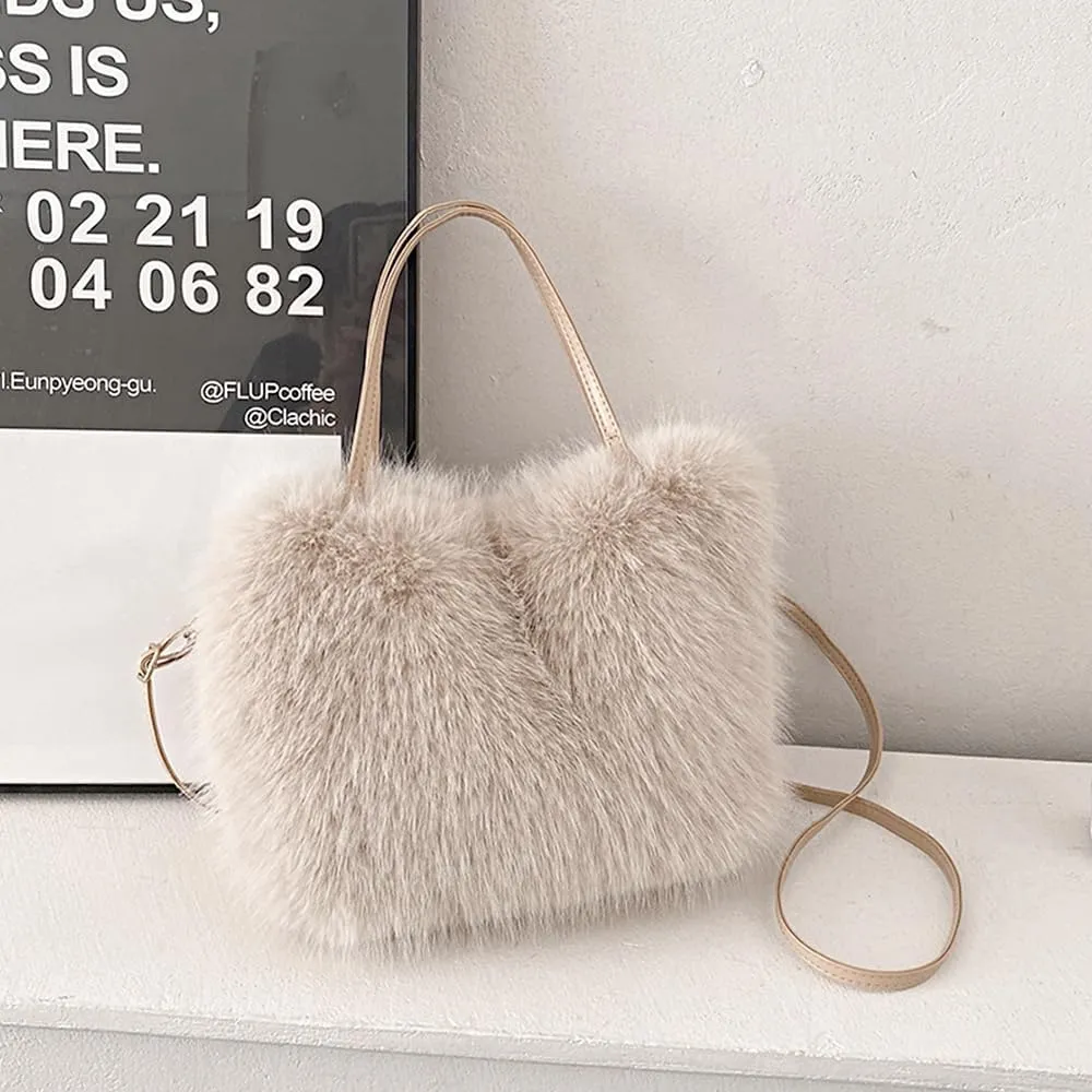 Womens Luxurious Cute Fluffy Faux Fur Clutch Shoulder Bag Wide Match Crossbody Handbag