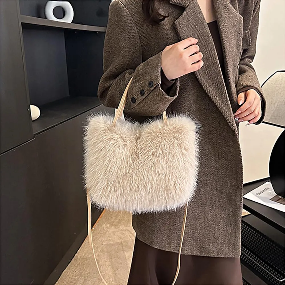 Womens Luxurious Cute Fluffy Faux Fur Clutch Shoulder Bag Wide Match Crossbody Handbag