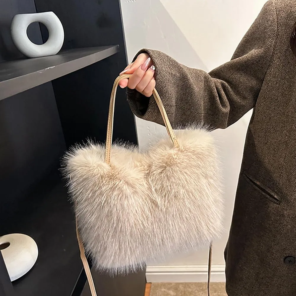 Womens Luxurious Cute Fluffy Faux Fur Clutch Shoulder Bag Wide Match Crossbody Handbag