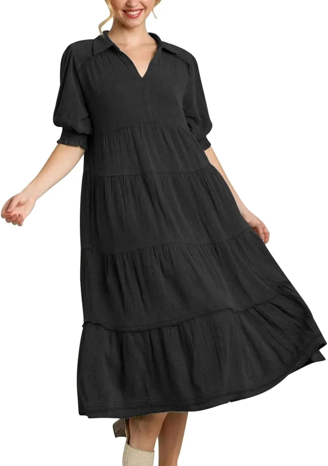 Women's Short Puff Sleeve High Waist Maxi Dress, Summer Loose Casual V-Neck Flowy Sundress Smocked Tiered Dresses