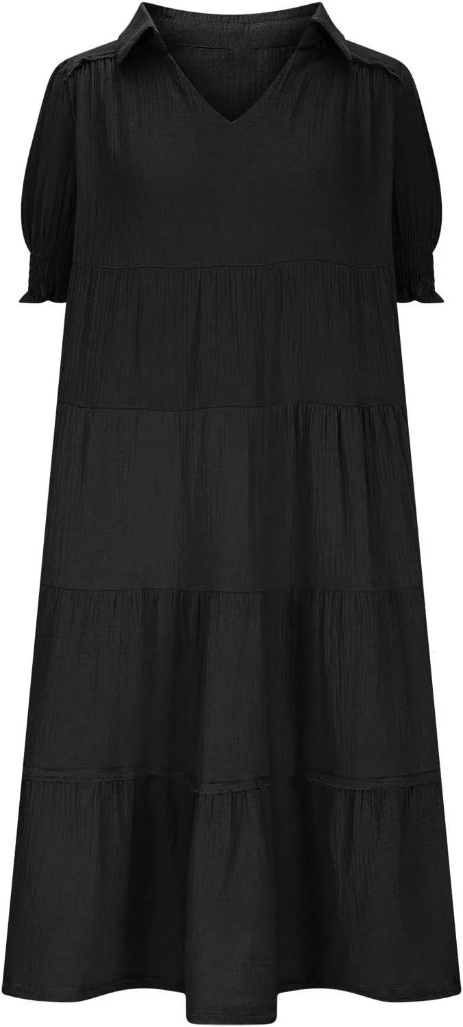 Women's Short Puff Sleeve High Waist Maxi Dress, Summer Loose Casual V-Neck Flowy Sundress Smocked Tiered Dresses