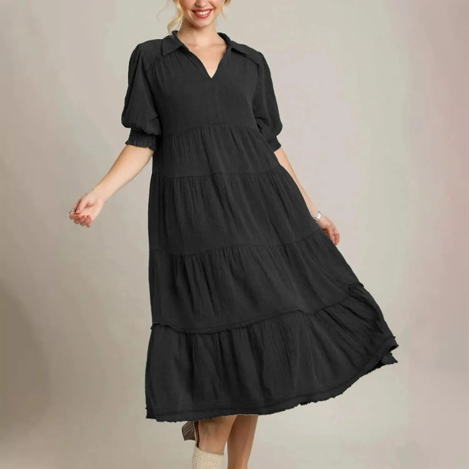 Women's Short Puff Sleeve High Waist Maxi Dress, Summer Loose Casual V-Neck Flowy Sundress Smocked Tiered Dresses