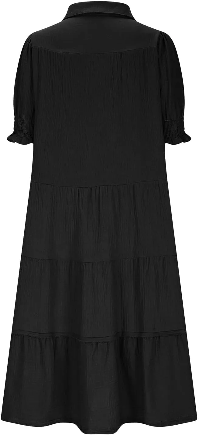 Women's Short Puff Sleeve High Waist Maxi Dress, Summer Loose Casual V-Neck Flowy Sundress Smocked Tiered Dresses
