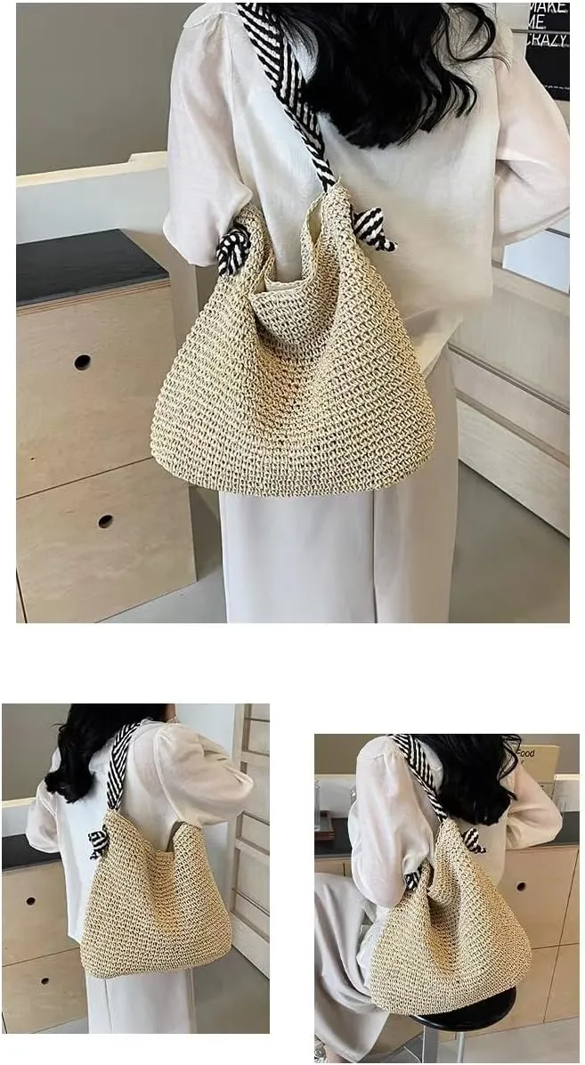 Women's Straw Beach Bag - Summer Straw Handbag, Woven Handbag, Fishing Net Beach Bag, Single Shoulder Crossbody Bag