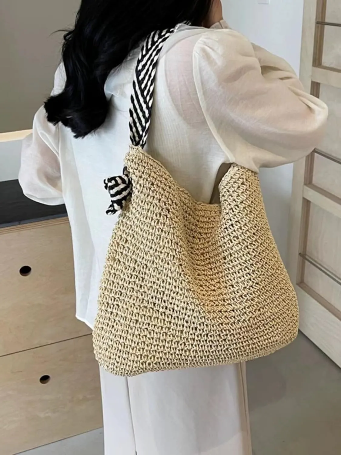 Women's Straw Beach Bag - Summer Straw Handbag, Woven Handbag, Fishing Net Beach Bag, Single Shoulder Crossbody Bag