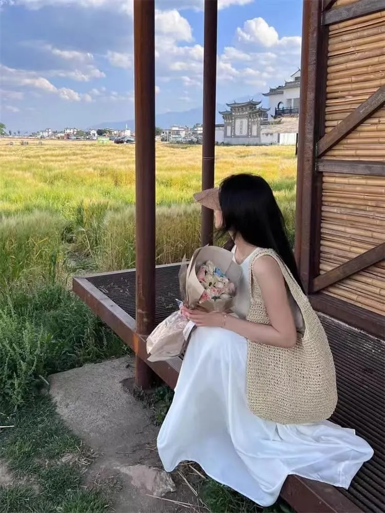 Women's Straw Beach Bag - Summer Straw Handbag, Woven Handbag, Fishing Net Beach Bag, Single Shoulder Crossbody Bag