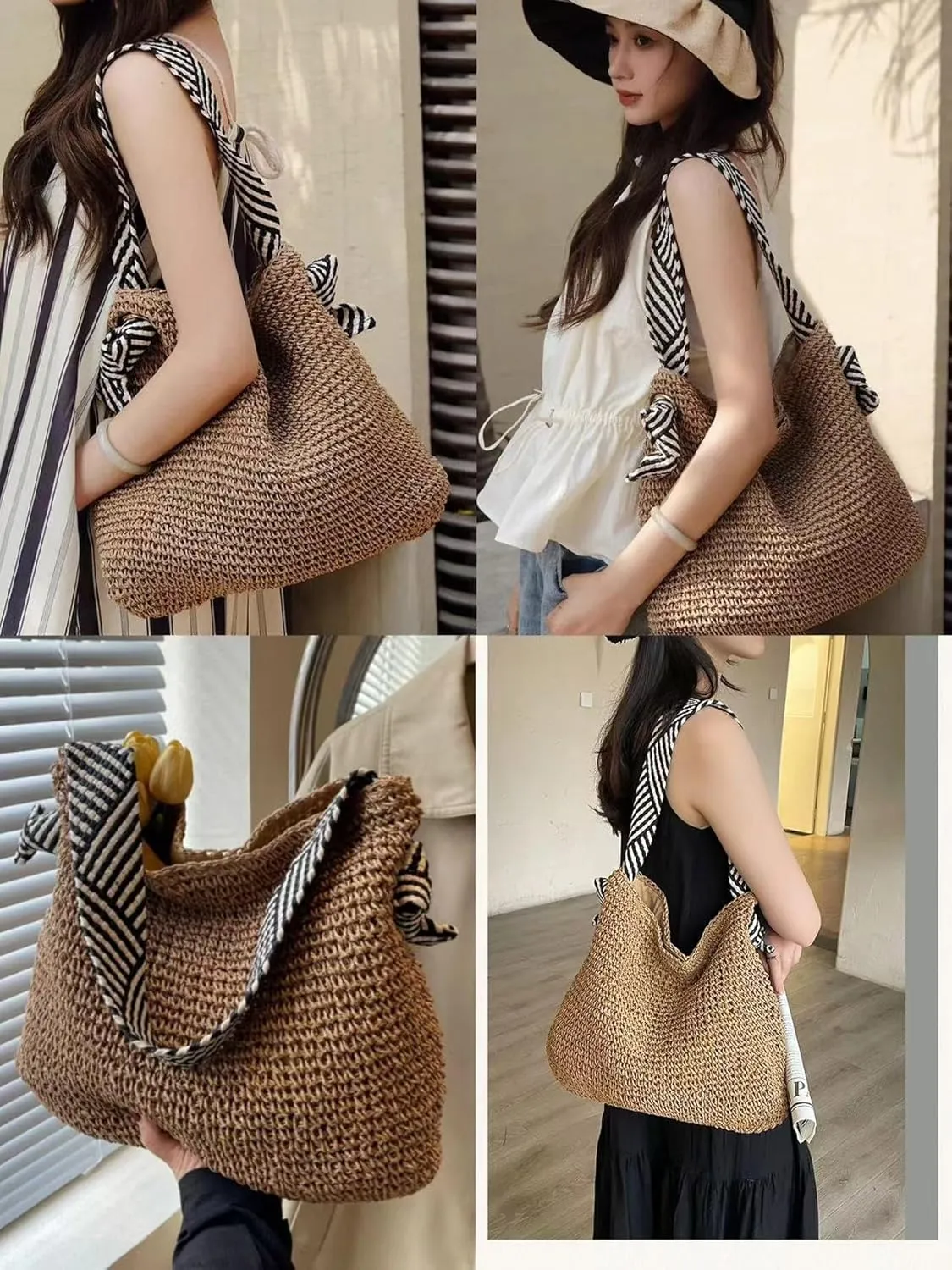 Women's Straw Beach Bag - Summer Straw Handbag, Woven Handbag, Fishing Net Beach Bag, Single Shoulder Crossbody Bag
