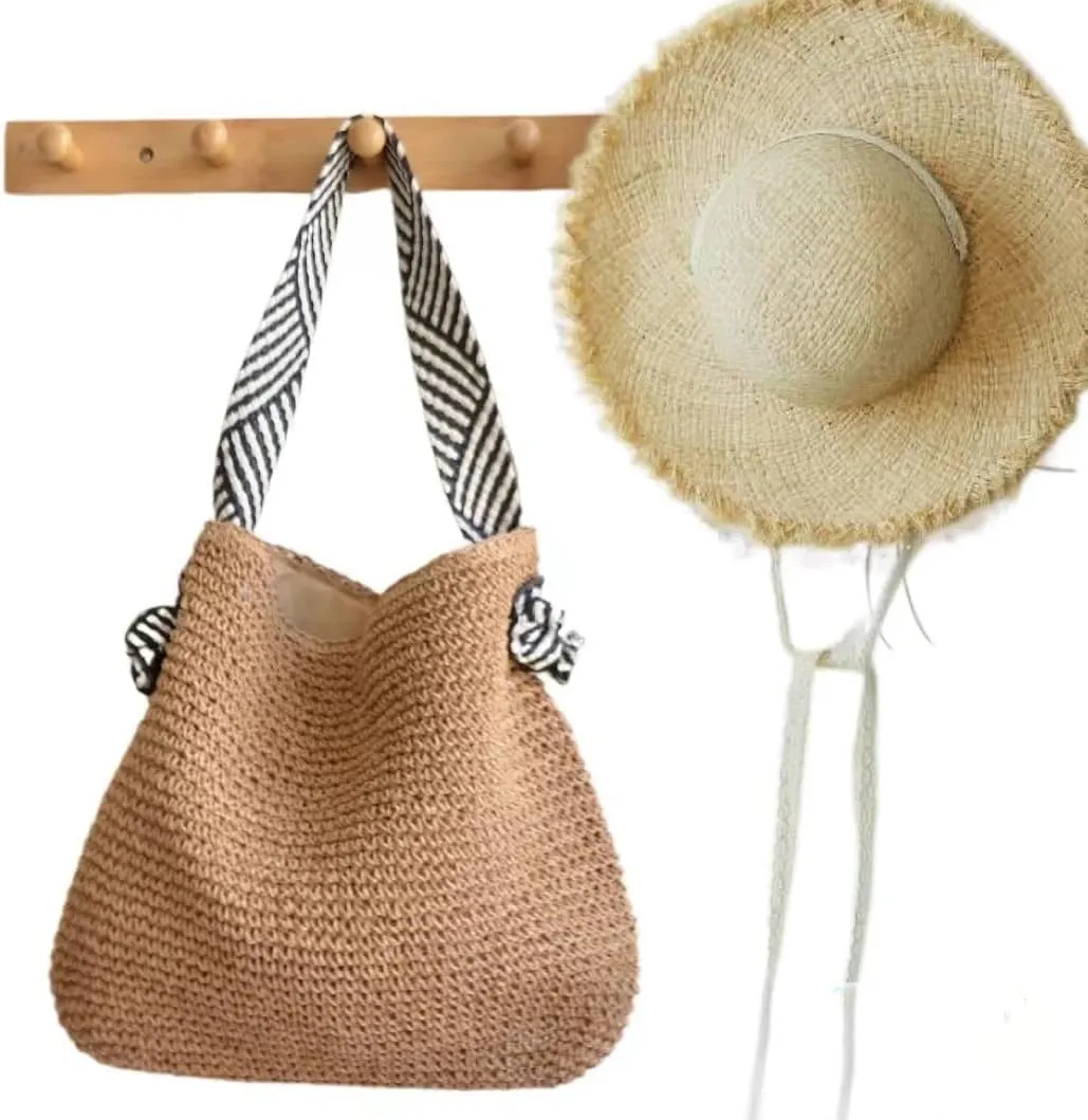 Women's Straw Beach Bag - Summer Straw Handbag, Woven Handbag, Fishing Net Beach Bag, Single Shoulder Crossbody Bag