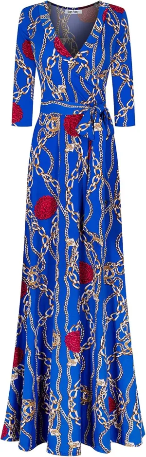 Women's Super Stretchy Maxi Party Dress Spring Floral Print Faux Wrap 3/4 Sleeve V-Neck
