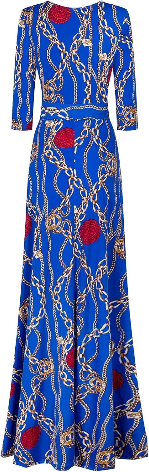 Women's Super Stretchy Maxi Party Dress Spring Floral Print Faux Wrap 3/4 Sleeve V-Neck