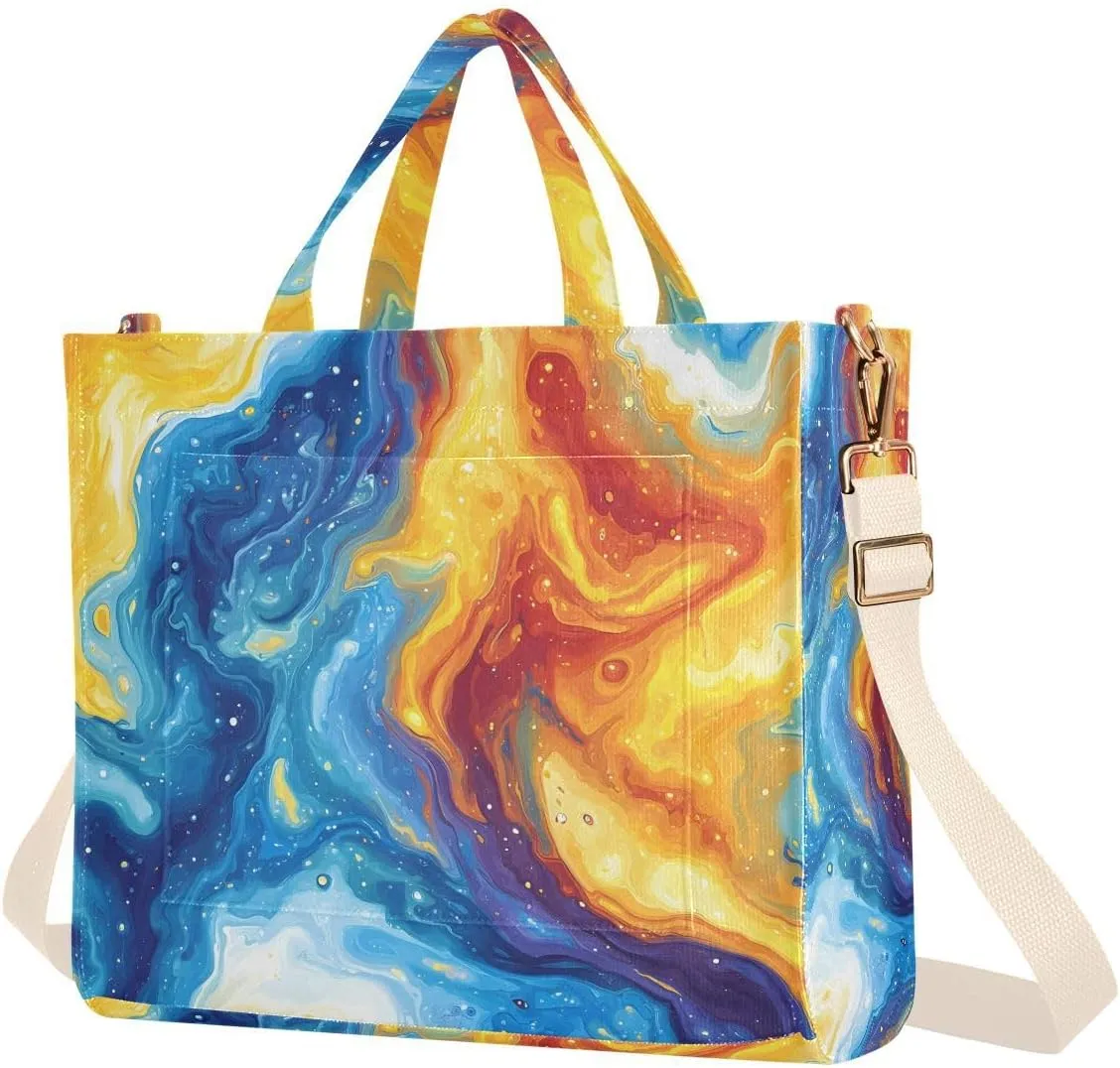 Women's Tote Bag Colored Fluid Print, Corduroy Handbags Purses with Detachable Strap Small