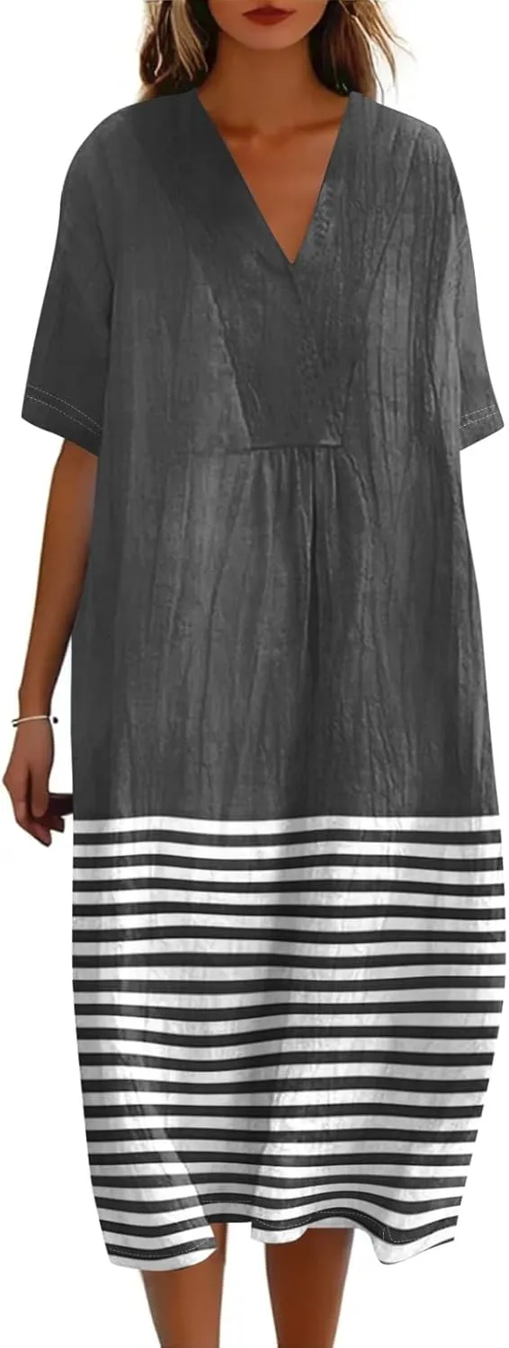 Women's V-Neck Polka Dot Maxi Dress Short Sleeve Casual Loose Fit Summer midi Dresses for Women