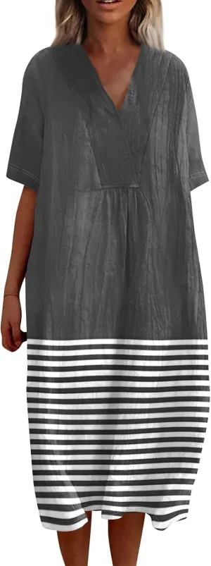 Women's V-Neck Polka Dot Maxi Dress Short Sleeve Casual Loose Fit Summer midi Dresses for Women
