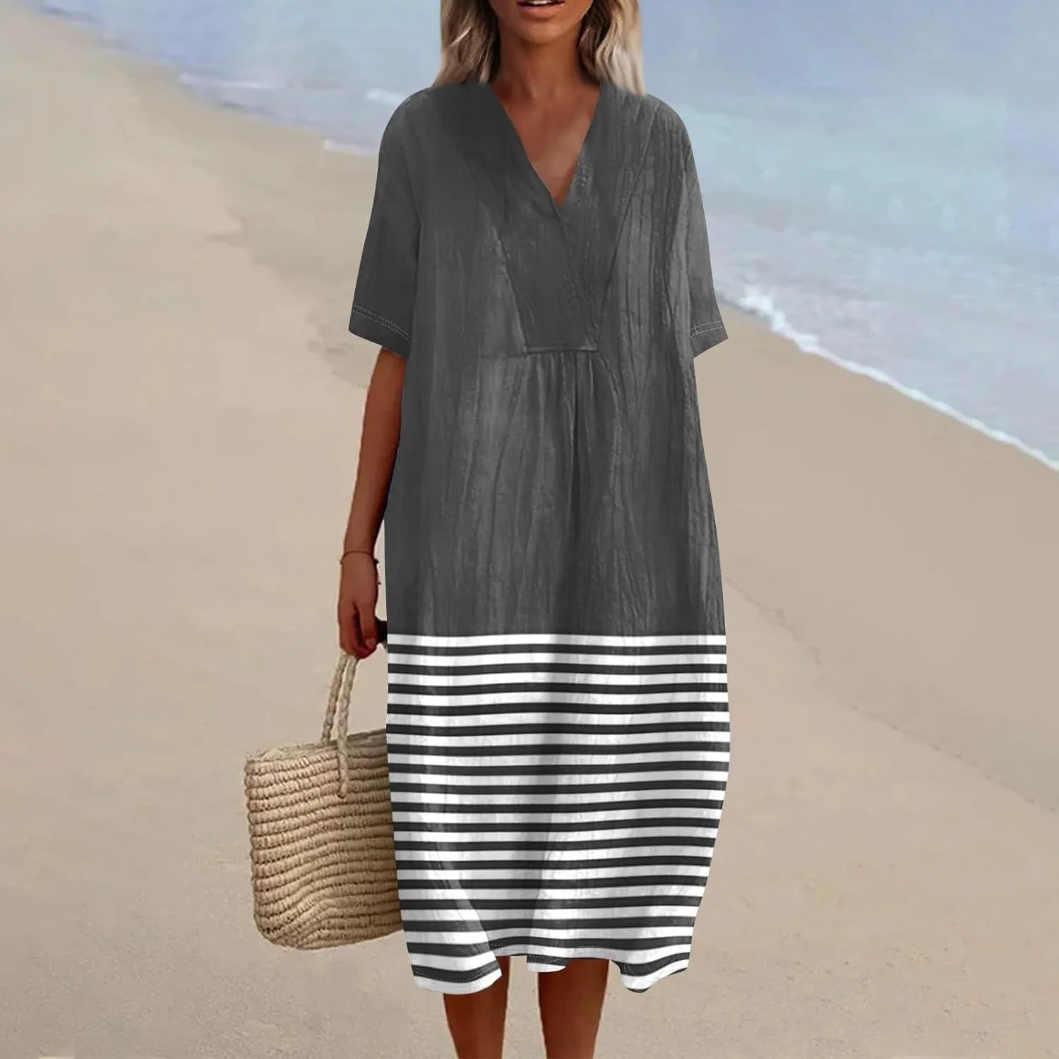 Women's V-Neck Polka Dot Maxi Dress Short Sleeve Casual Loose Fit Summer midi Dresses for Women