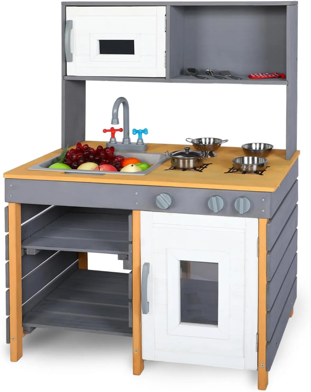 Wooden Mud Kitchen, Outdoor Play Kitchen with Removable Sink,Water Box & Faucet,Stove Top, Storage Bags& Metal Basket,Kitchen Backyard Outdoor Pretend Kitchen for Kids