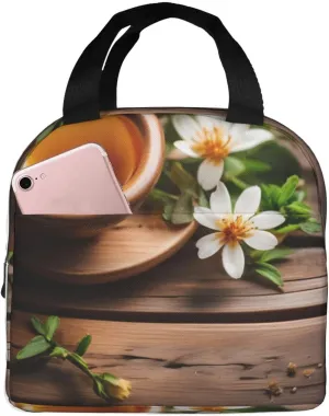 Work Lunch Box,Teal Flower on Wooden Plank Travel Lunch Bag for Women Men,Large Capacity Reusable Insulated Lunch Container