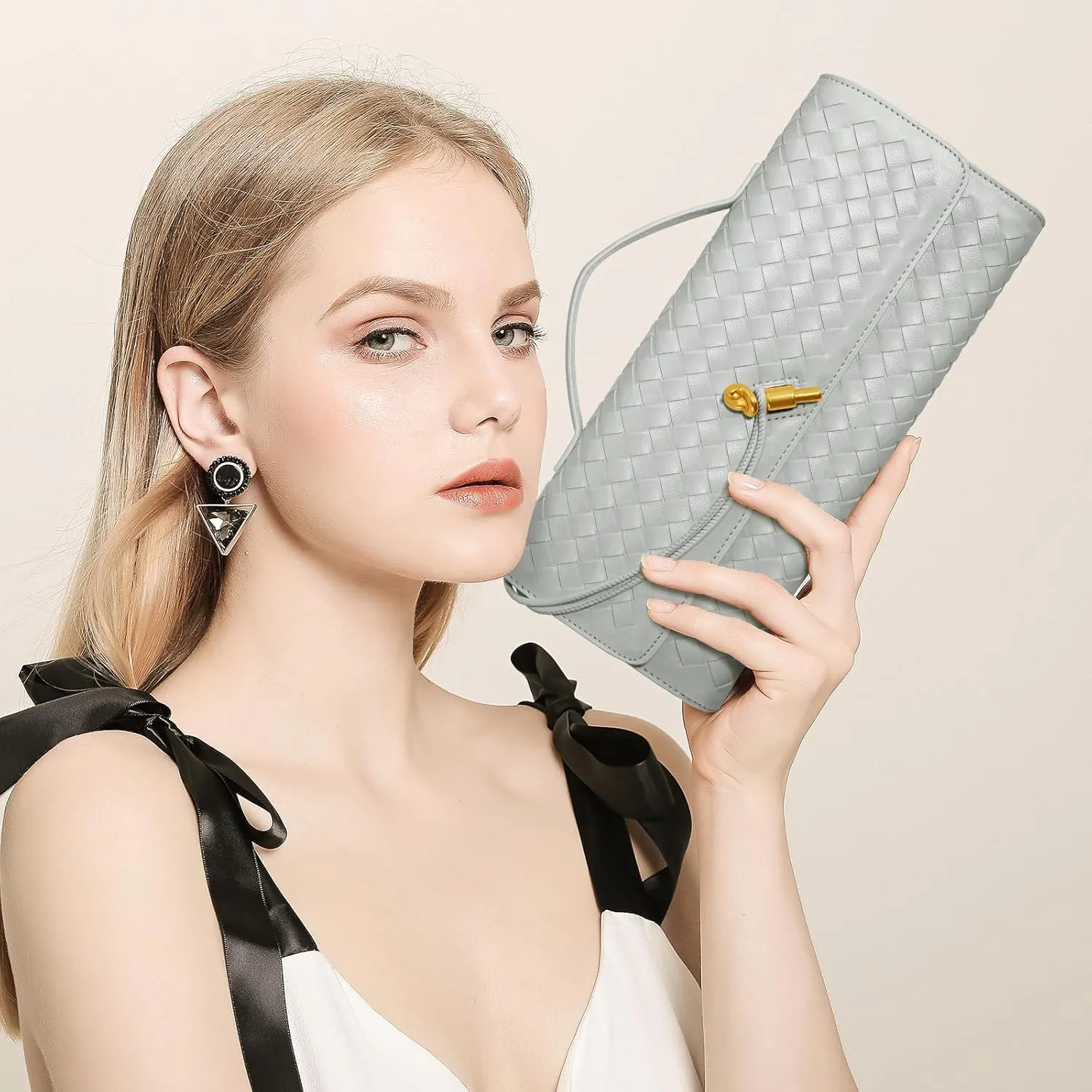 Woven Clutch Purses for Women, Leather Evening Bag Shoulder Handbag Formal Satchel Crossbody Purse Party Bag