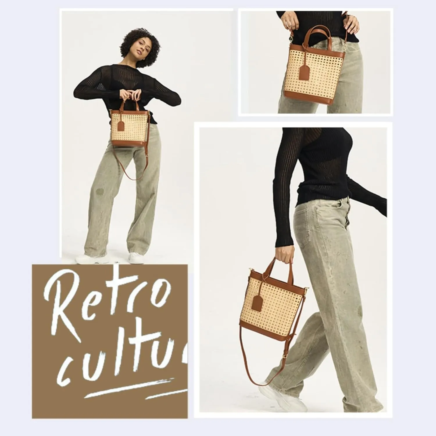 Woven Straw Beach Bag for Women, Summer Bucket Bag Top-handle Tote Handbag Drawstring Rattan Purses