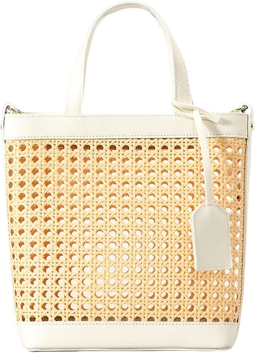 Woven Straw Beach Bag for Women, Summer Bucket Bag Top-handle Tote Handbag Drawstring Rattan Purses