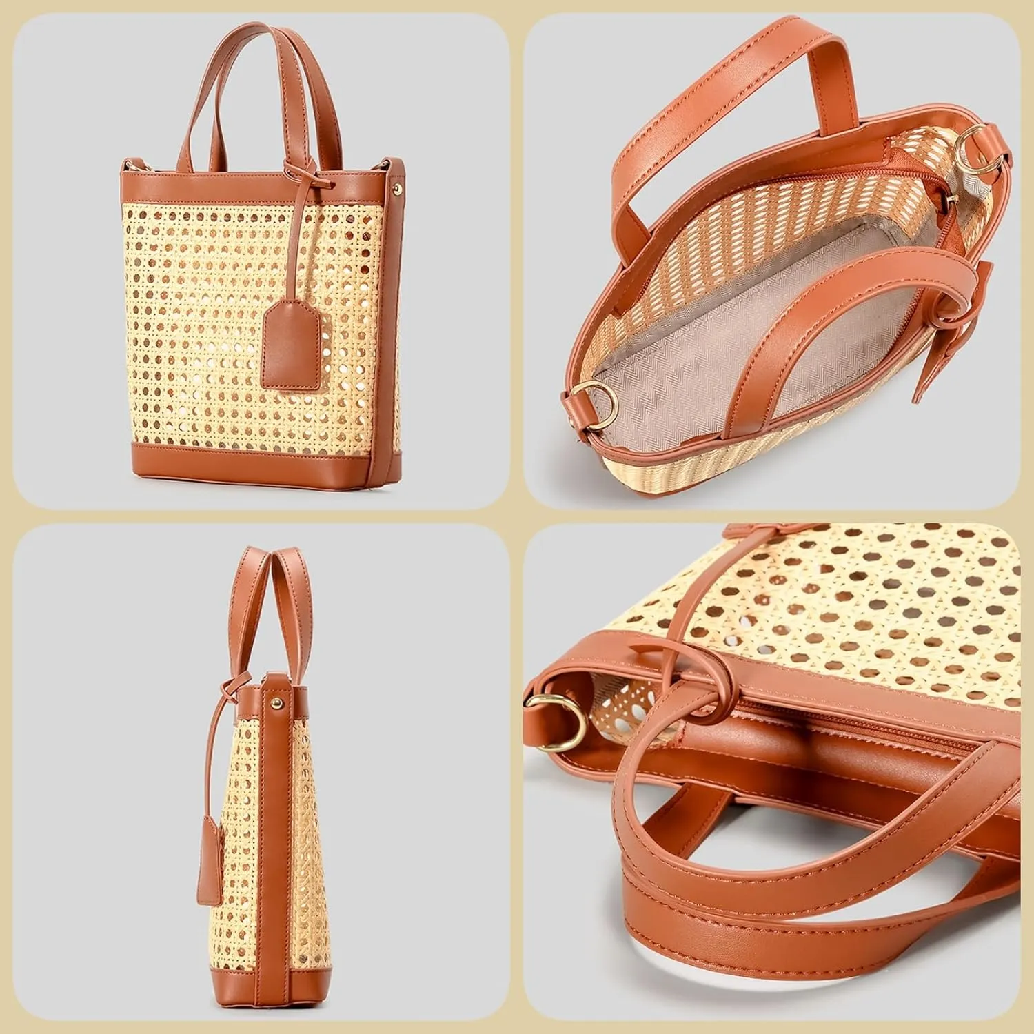 Woven Straw Beach Bag for Women, Summer Bucket Bag Top-handle Tote Handbag Drawstring Rattan Purses